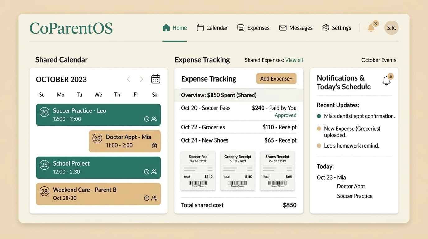 CoParentOS dashboard showing expense tracking, calendar, and evidence records