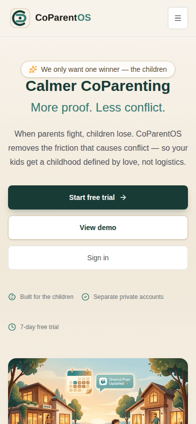 CoParentOS homepage rendered on an iPhone