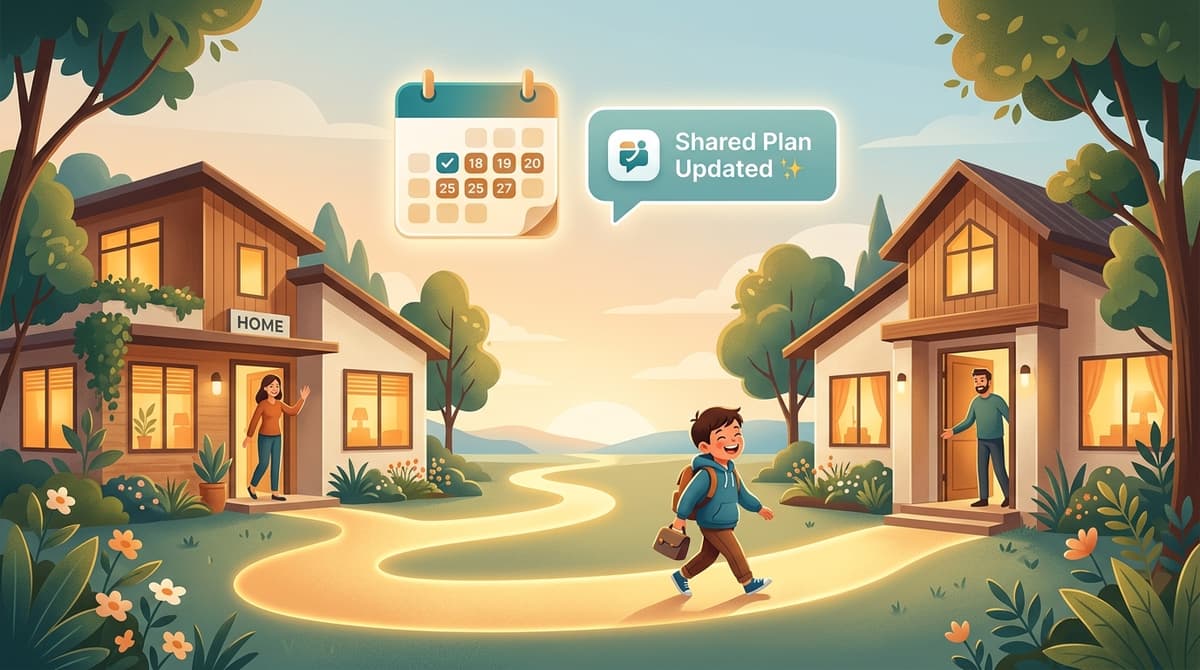 Two homes connected by a golden path — a warm co-parenting illustration